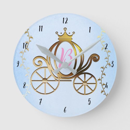 Gold Princess Carriage Blue Storybook Personalized Round Clock