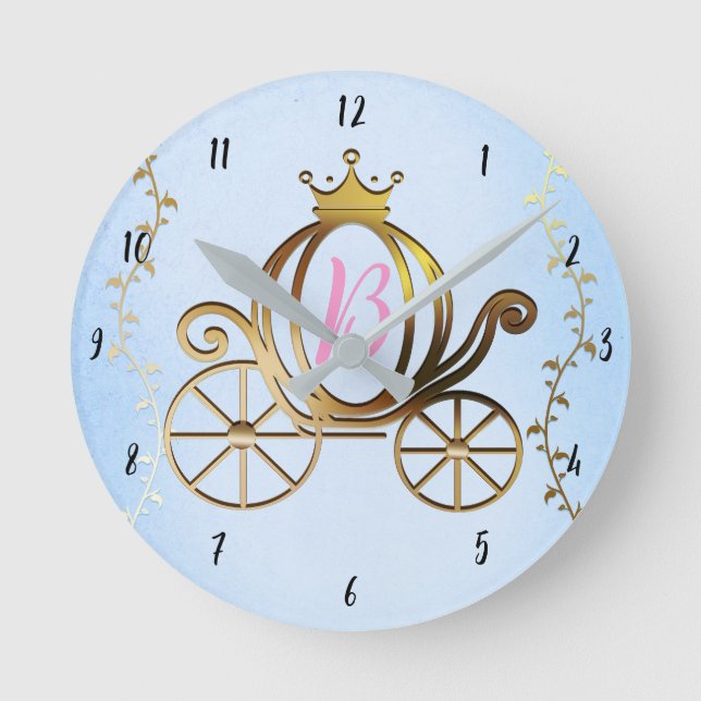 Gold Princess Carriage Blue Storybook Personalized Round Clock (Front)