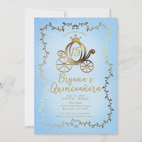 Gold Princess Carriage Blue Storybook Quinceaera Invitation