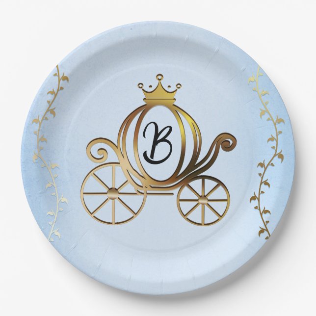 Gold Princess Carriage Blue Storybook Royal Paper Plates (Front)