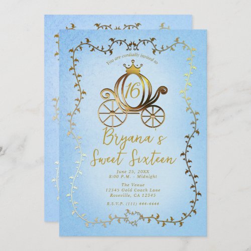 Gold Princess Carriage Blue Storybook Sweet 16 Invitation