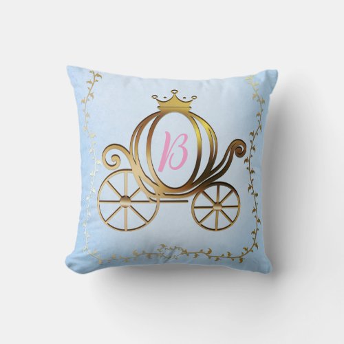 Gold Princess Carriage Blue Storybook Throw Pillow