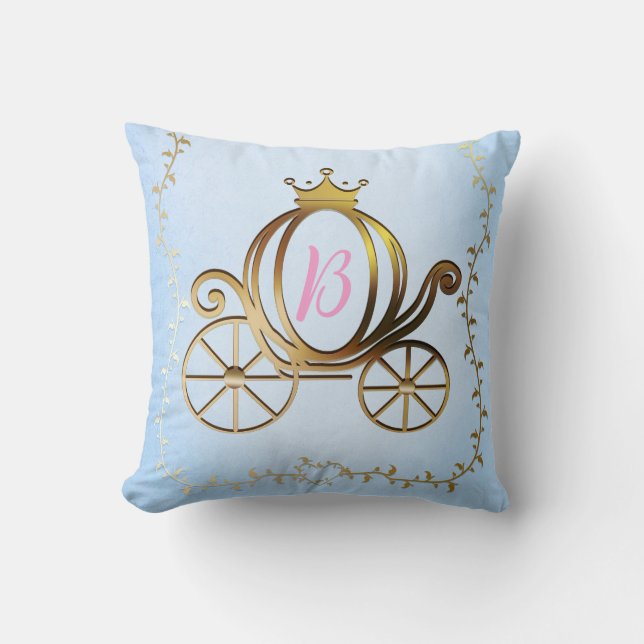 Gold Princess Carriage Blue Storybook Throw Pillow (Front)