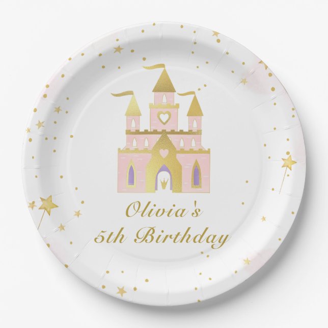  Gold Princess Castle Girl Birthday Paper Plates (Front)