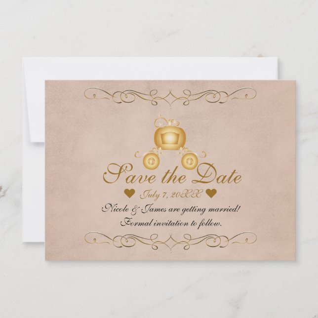 Gold Princess Cinderella Carriage Save the Date Invitation (Front)