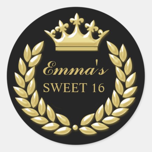 Gold Princess Crown Personalized Black Sweet 16 Classic Round Sticker