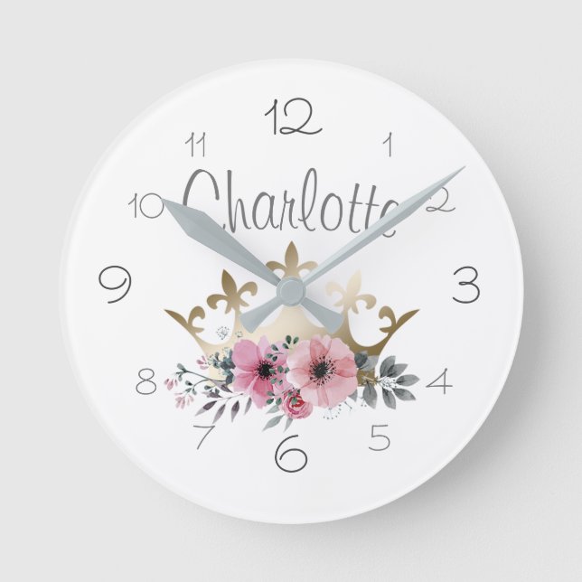 Gold Princess Crown Pink Watercolor Flowers Name Round Clock (Front)