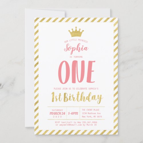Gold Princess  Girl 1st Birthday Invitation
