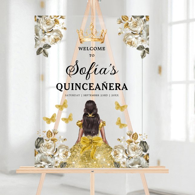 Gold Princess Quinceañera Birthday Welcome  Acrylic Sign (Creator Uploaded)