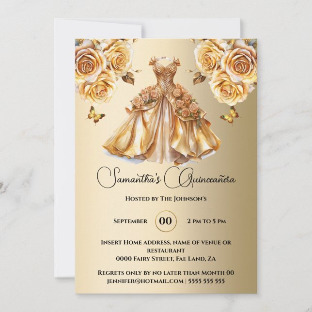 Gold princess Quinceañera butterfly ballgown roses Invitation (Front)