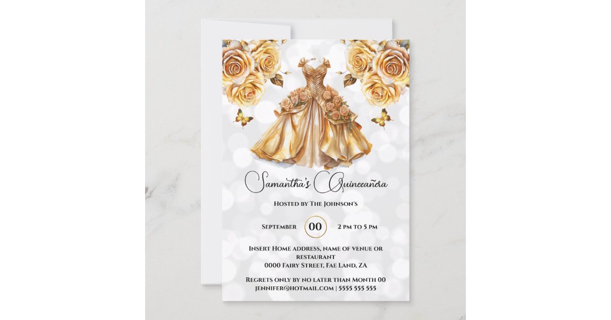Gold princess Quinceañera fantasy ballgown roses Invitation