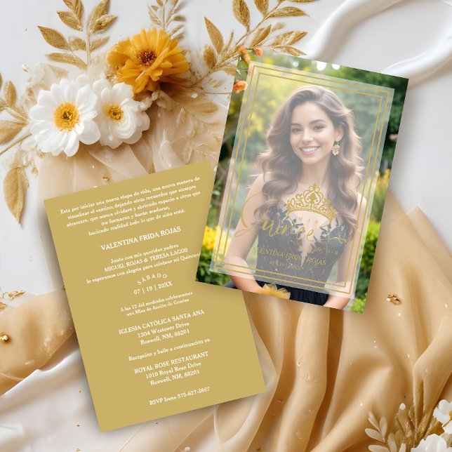 Gold Princess Tiara Exquisite Overlay Vellum XV Invitation (Faux Gold Princess Tiara Exquisite Overlay Vellum Effect Quinceañera Sophisticated Photo Invitation.)