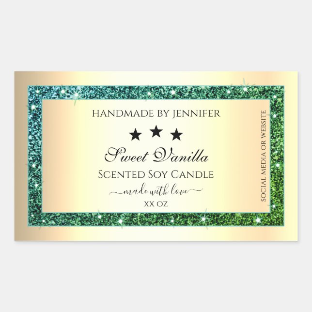 Gold Product Packaging Labels Teal Green Glitter (Front)
