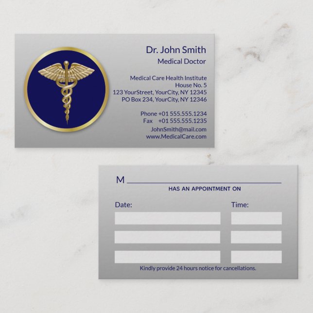 Gold Professional Blue Medical Caduceus Appointment Card (Front/Back)