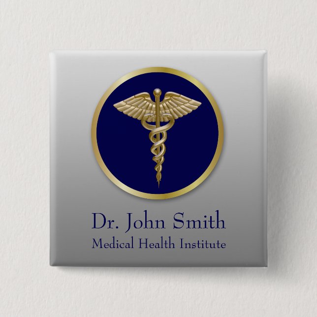 Gold Professional Caduceus Blue Medical Button (Front)