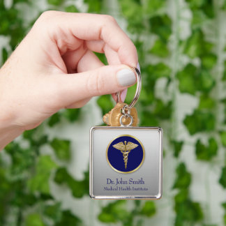 Gold Professional Medical Blue Caduceus Keychain