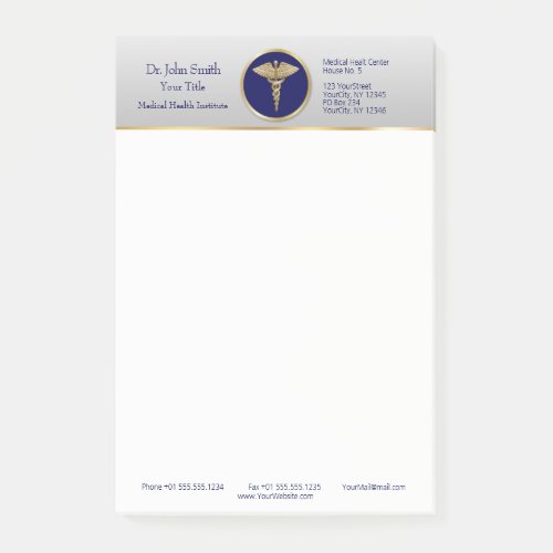 Gold Professional Medical Blue Caduceus Post_it Notes