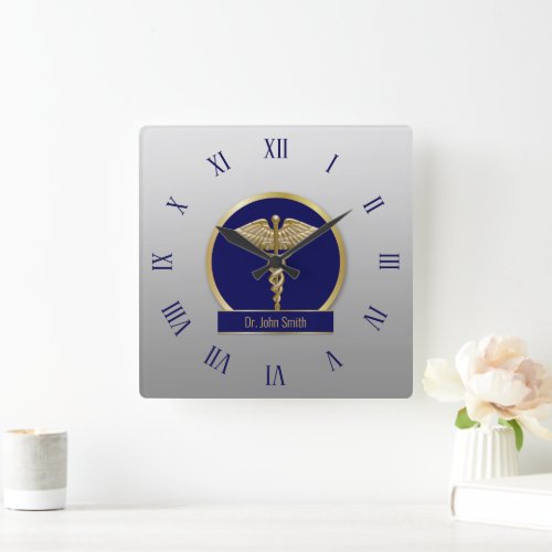 Gold Professional Medical Caduceus Blue Name Square Wall Clock