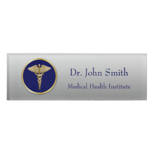 Gold Professional Medical Caduceus Blue Name Tag