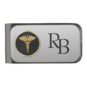 Gold Professional Medical Caduceus Gunmetal Finish Money Clip