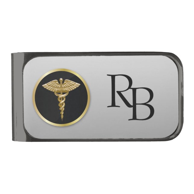 Gold Professional Medical Caduceus Gunmetal Finish Money Clip (Front)