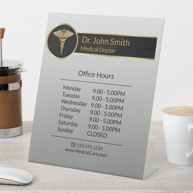 Gold Professional Medical Caduceus Opening Hours Pedestal Sign (In SItu)