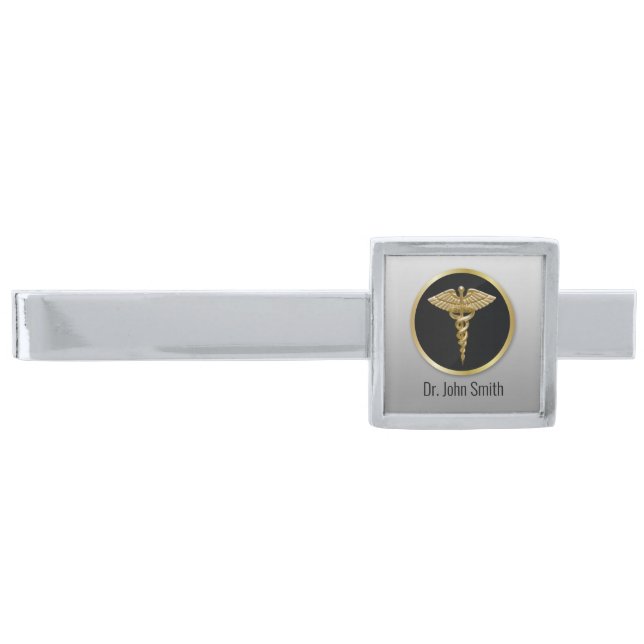 Gold Professional Medical Caduceus Silver Finish Tie Bar (Front)