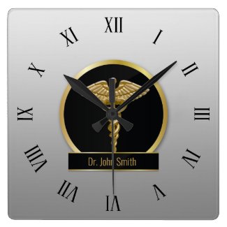 Gold Professional Medical Caduceus Square Wall Clock