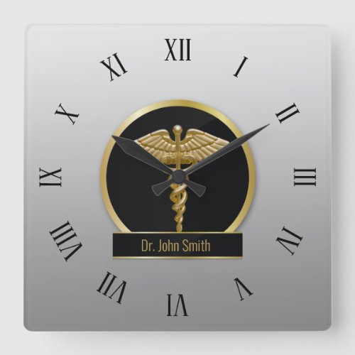 Gold Professional Medical Caduceus Square Wall Clock