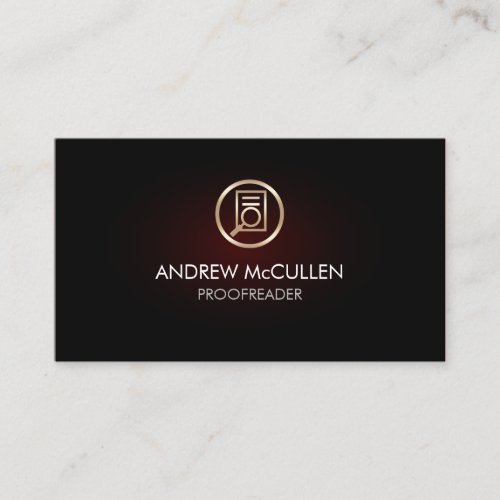 Gold Proofreader Paper Magnifying Glass Icon Glow Business Card