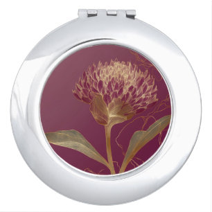 Gold Protea Flower Burgundy Botanical Linework Compact Mirror