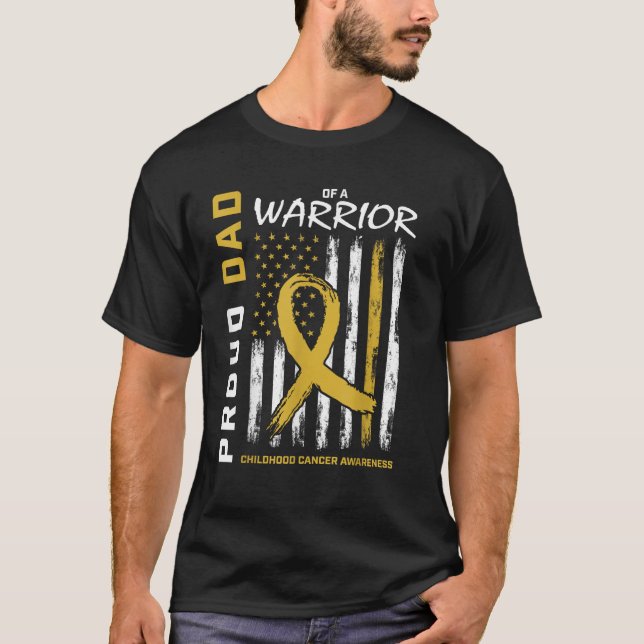 Gold Proud Dad Childhood Cancer Awareness Men Amer T-Shirt (Front)