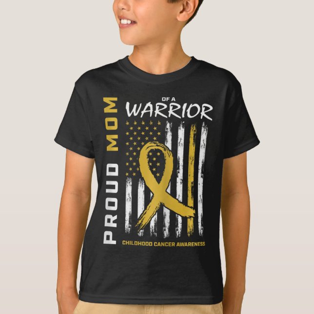 Gold Proud Mom of a Warrior Childhood Cancer Aware T-Shirt (Front)