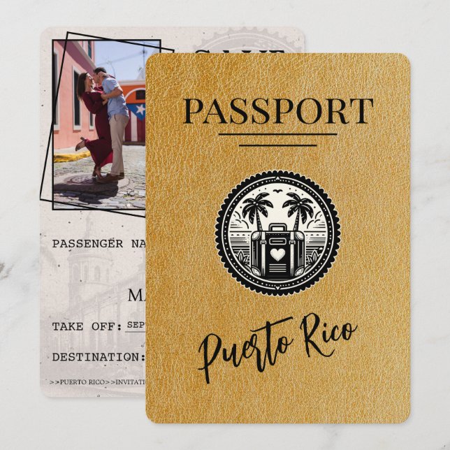 Gold Puerto Rico Passport Save The Date (Front/Back)