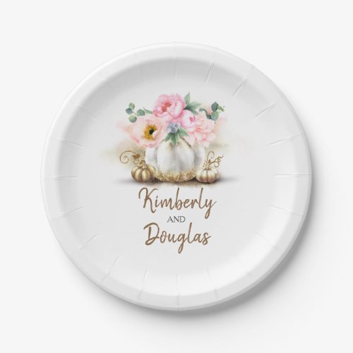 Gold Pumpkin and Blush Pink Flowers Vase Fall Paper Plates