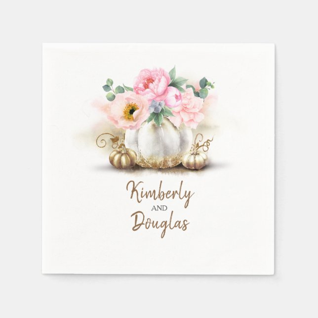 Gold Pumpkin and Pink Flowers Rustic Fall Napkins (Front)