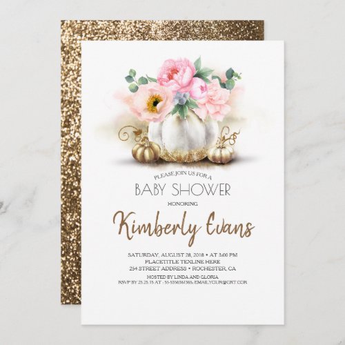 Gold Pumpkin Blush Pink Floral Fall Baby Shower Invitation