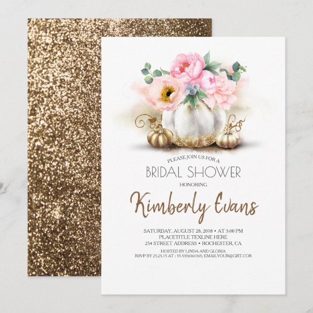 Gold Pumpkin Blush Pink Floral Fall Bridal Shower Invitation (Front/Back)