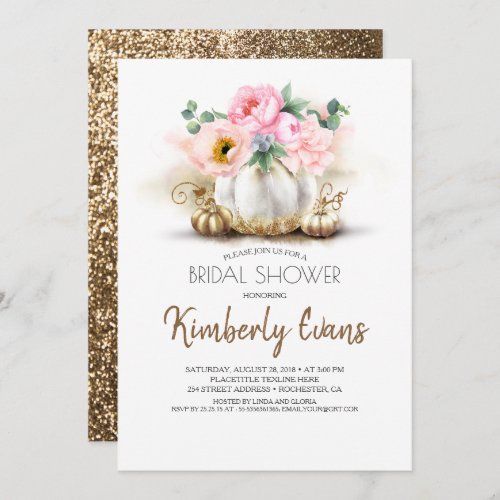 Gold Pumpkin Blush Pink Floral Fall Bridal Shower Invitation