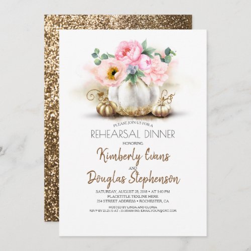 Gold Pumpkin Blush Pink Floral Rehearsal Dinner Invitation