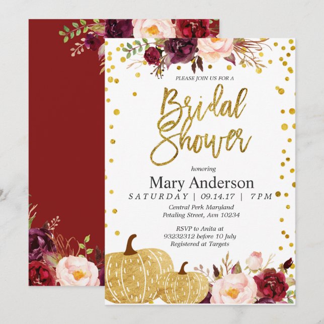Gold pumpkin bridal shower invitation (Front/Back)