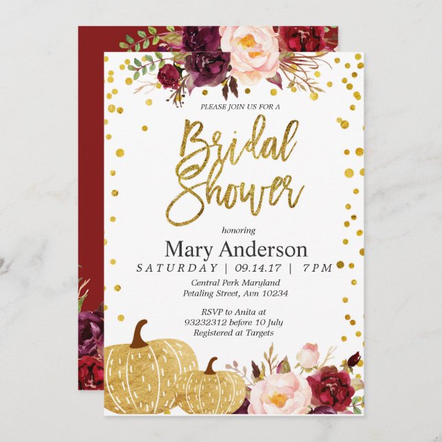 Gold pumpkin bridal shower invitation (Front/Back)