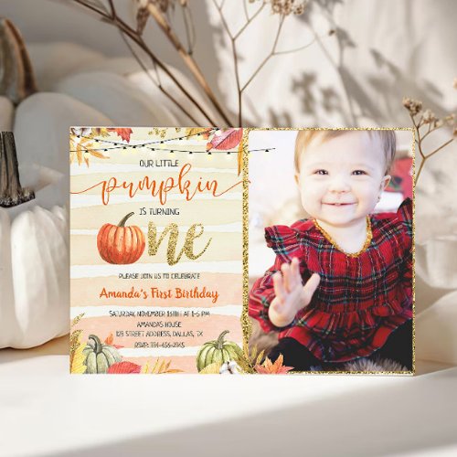 Gold Pumpkin Fall Orange First Birthday Invitation