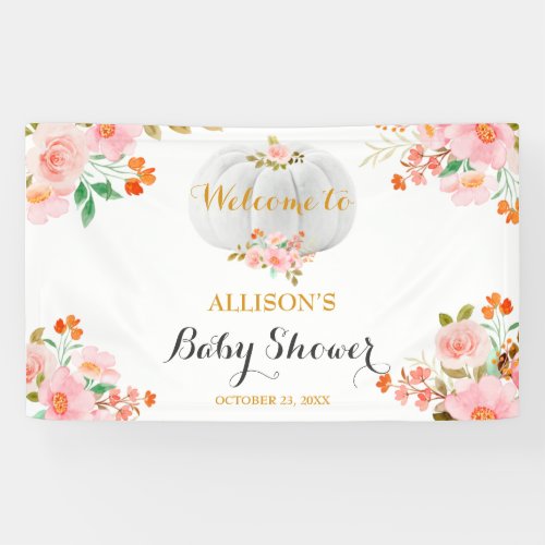 Gold Pumpkin Fall Pink Floral Baby Shower Backdrop Banner