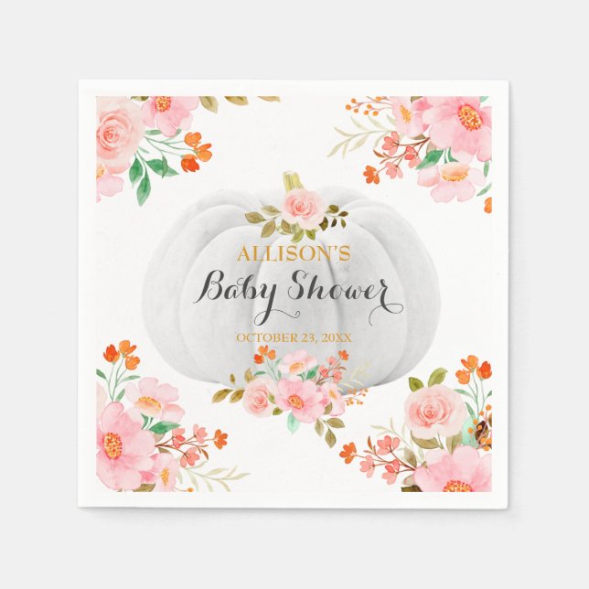 Gold Pumpkin Fall Pink Floral Baby Shower Napkins (Front)