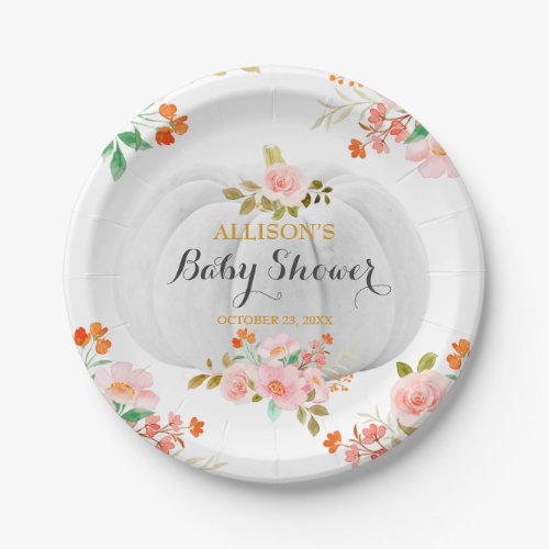 Gold Pumpkin Fall Pink Floral Baby Shower Paper Plates