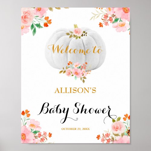 Gold Pumpkin Fall Pink Floral Baby Shower Welcome Poster