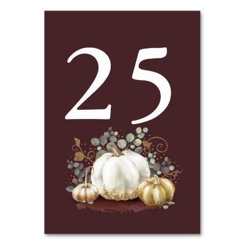 Gold Pumpkin Fall Wedding Table Number Burgundy