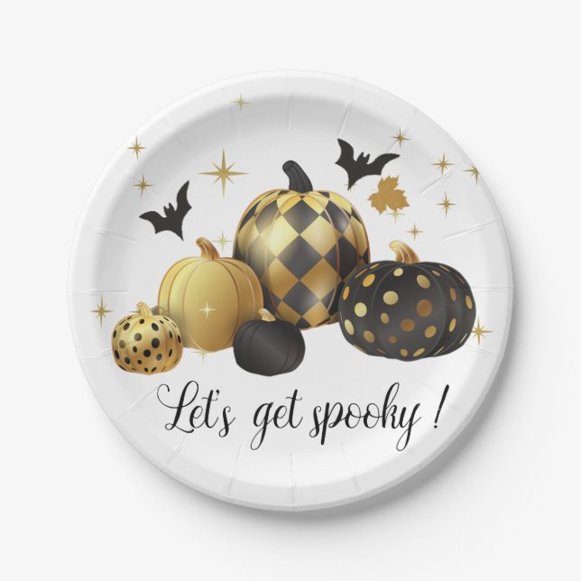 Gold Pumpkin Let's Get Spooky Halloween Paper Plates (Front)