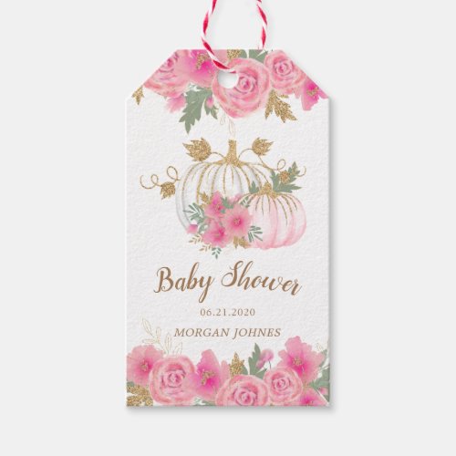 gold pumpkin pink floral baby shower monogram gift tags